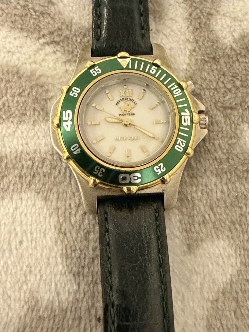 Vintage 90s Beverly Hills Polo Club Nite Glo Watch Green Bezel Quartz Runs